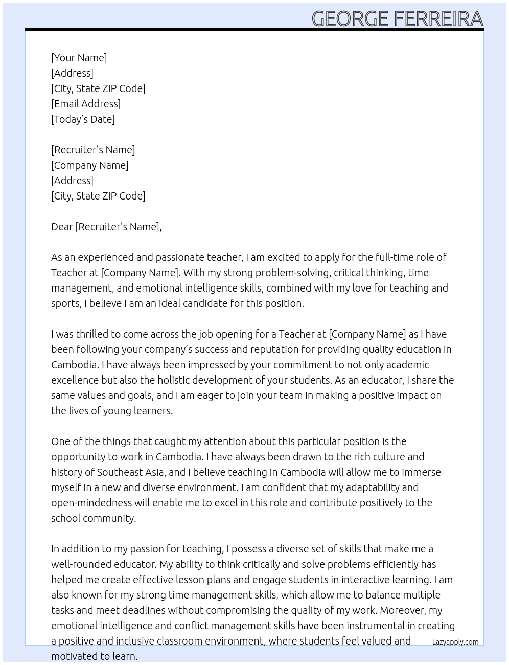 Teacher At to be advised Cover Letter