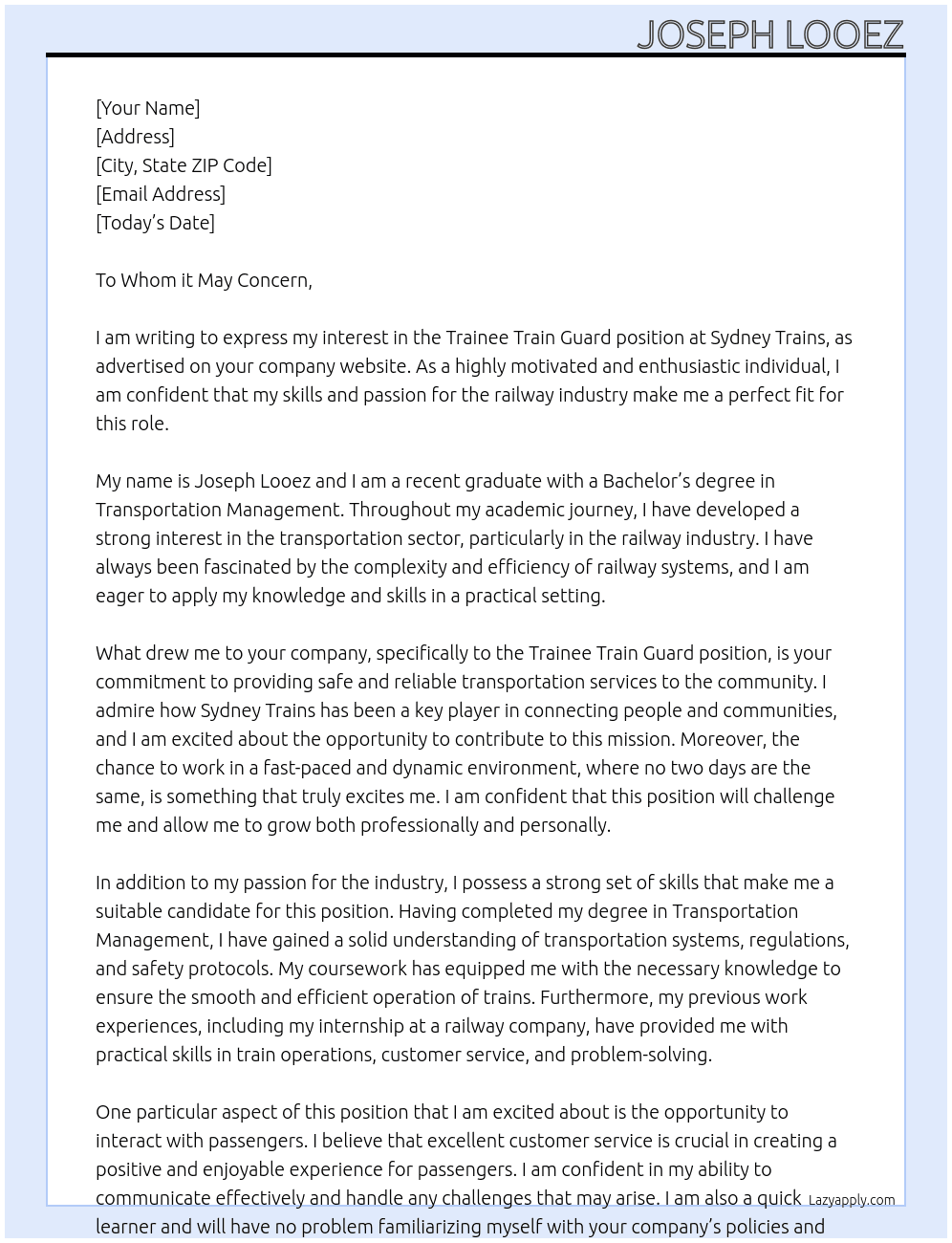 Trainee Train Guard At Sydney Trains Cover Letter