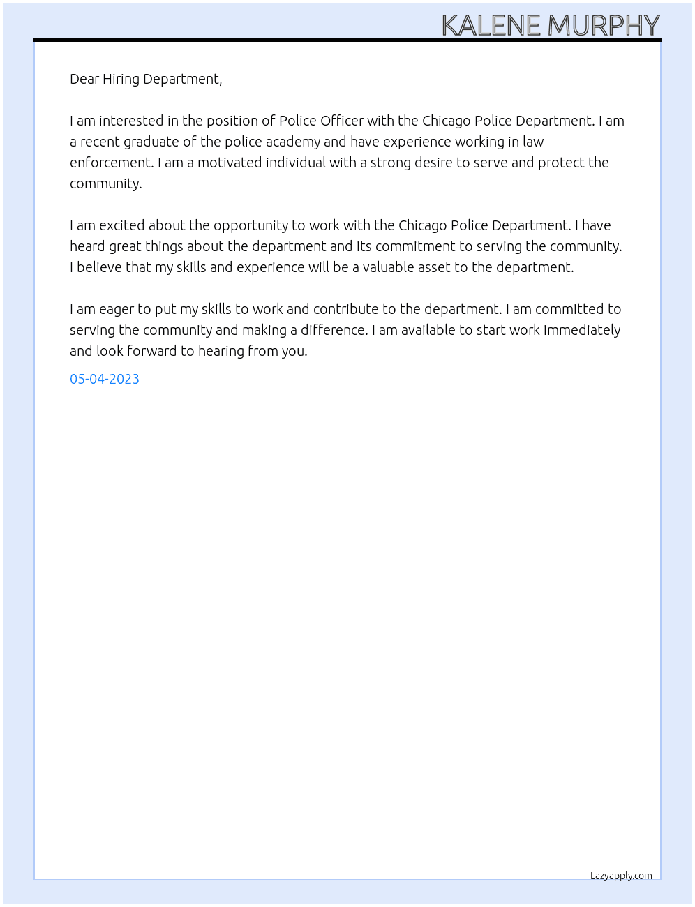 Police Officer At Chicago Police Department  Cover Letter
