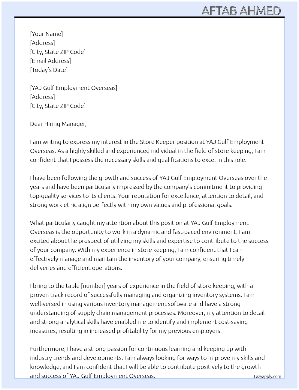 Store keeper  At YAJ GULF EMPLOYMENT OVERSEAS Cover Letter