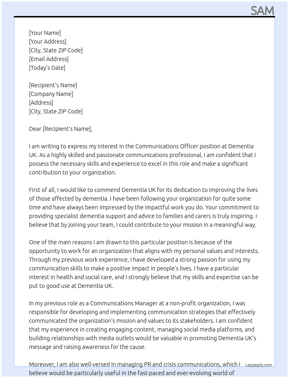 communications officer At dementia uk Cover Letter