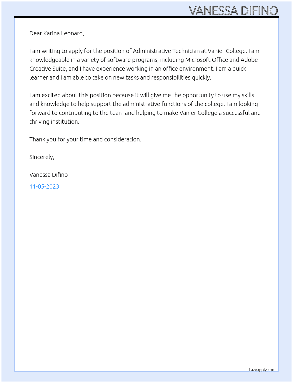 Administrative Technician At Vanier College Cover Letter