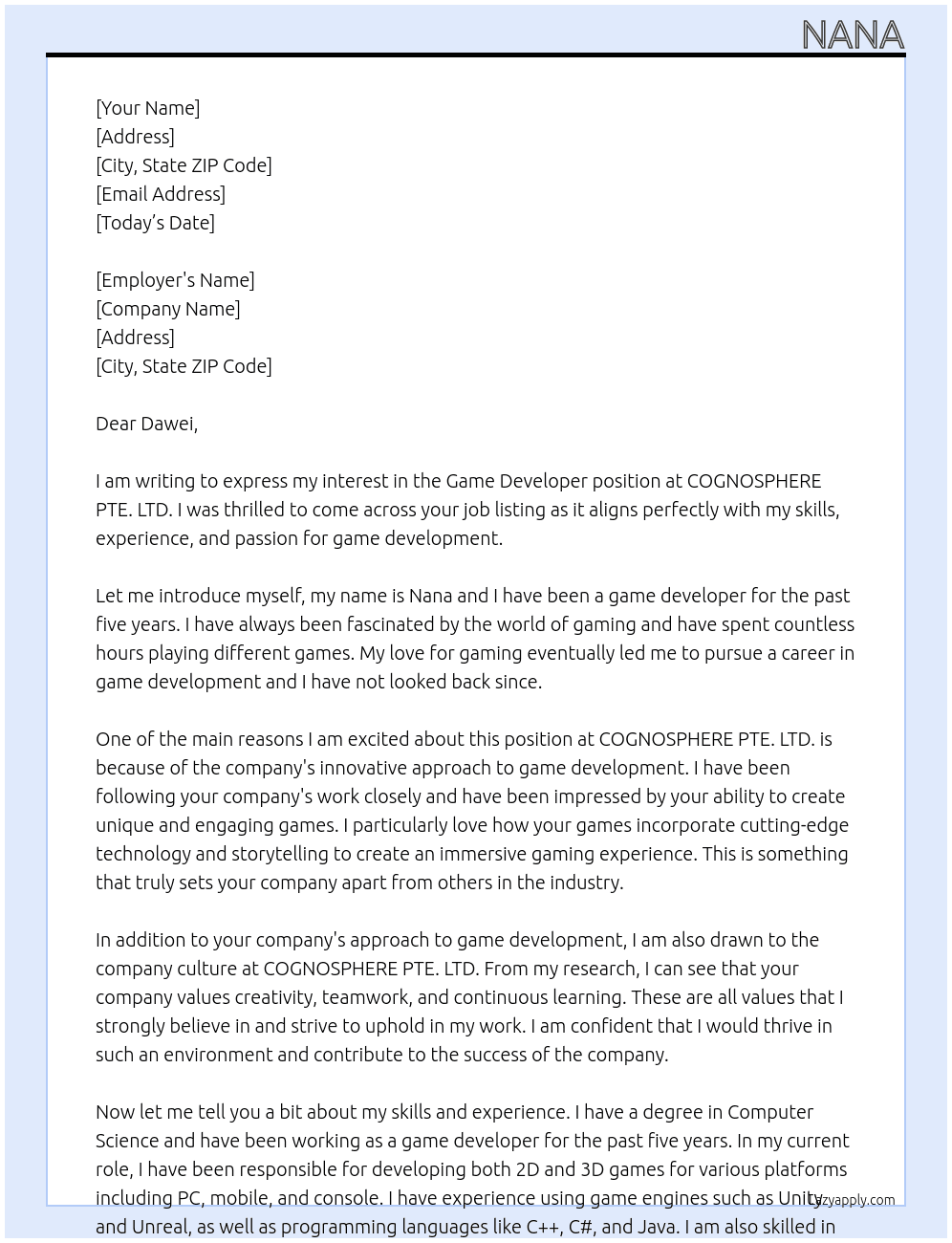 Game developer At COGNOSPHERE PTE. LTD. Cover Letter