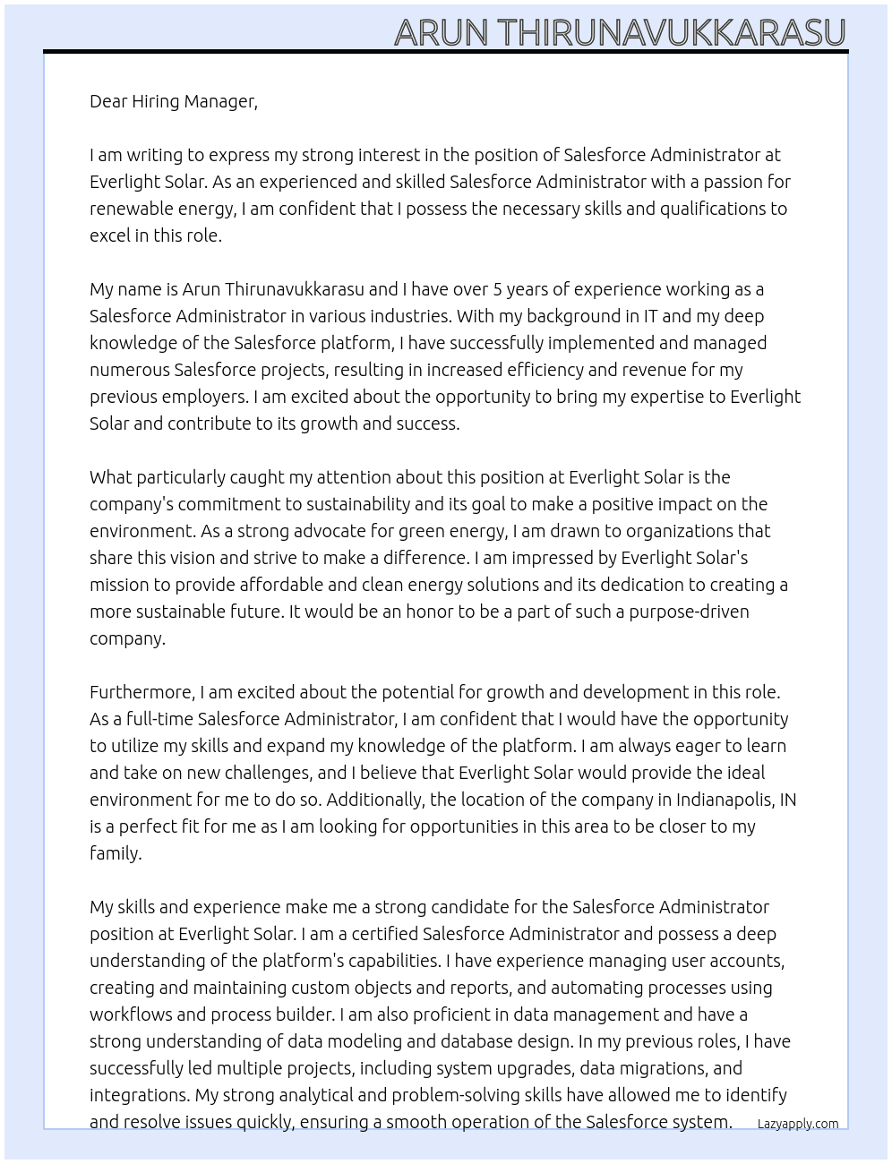 Salesforce Administrastor At Everlight Solar Cover Letter