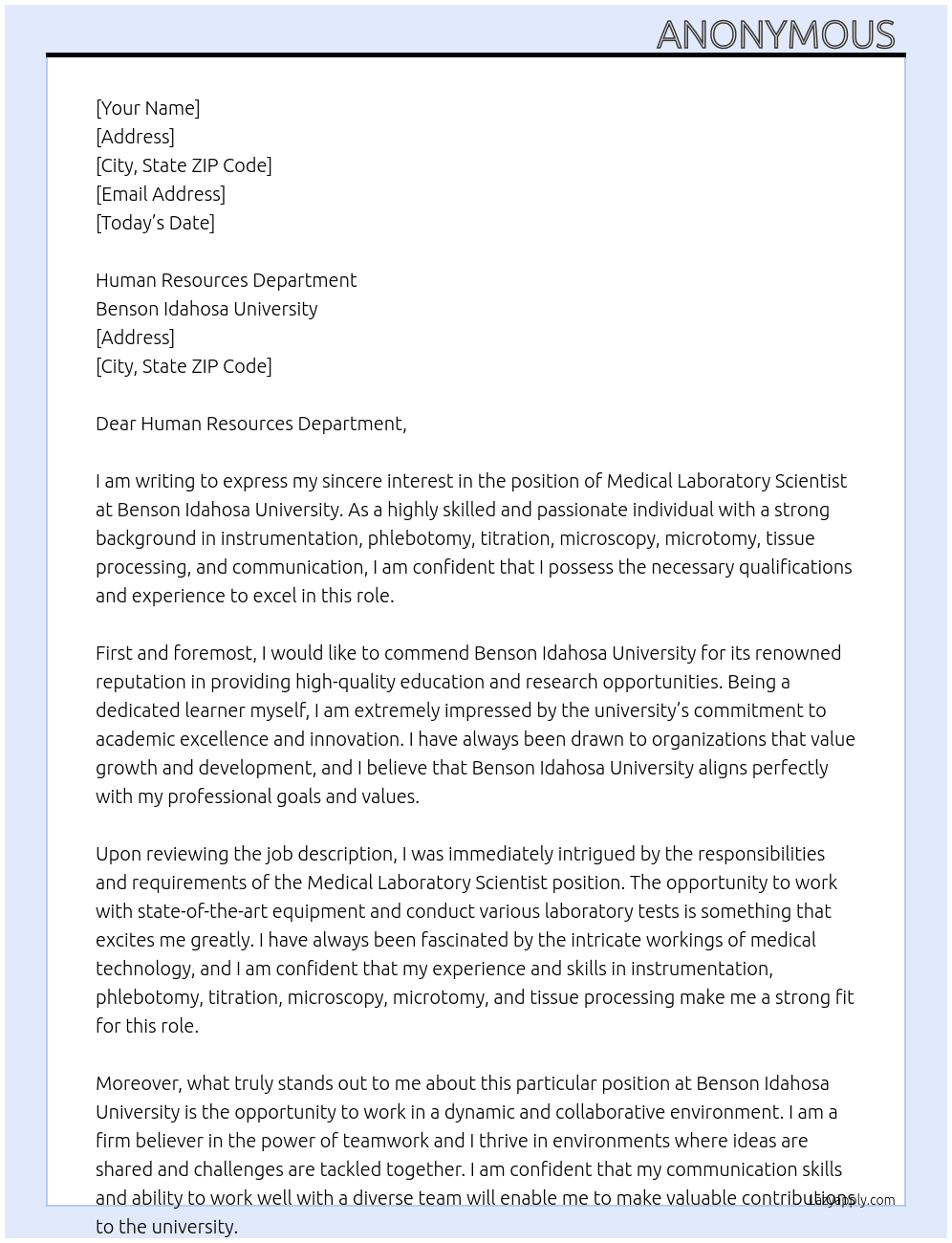 Medical laboratory scientist  At Benson Idahosa University  Cover Letter