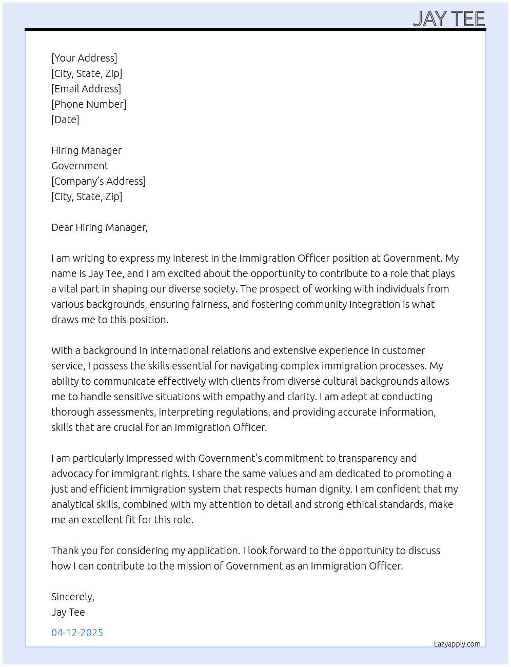 immigration officer At Government Cover Letter