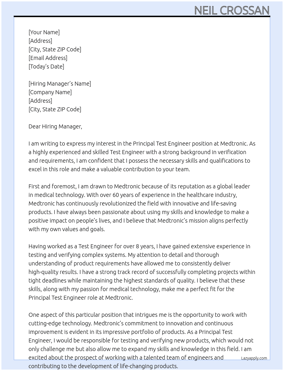 Principal Test Engineer At medtronic Cover Letter