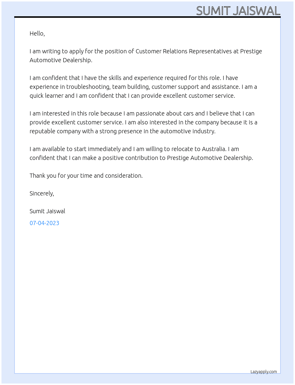 Customer Relations Representatives  At Prestige Automotive Dealership  Cover Letter
