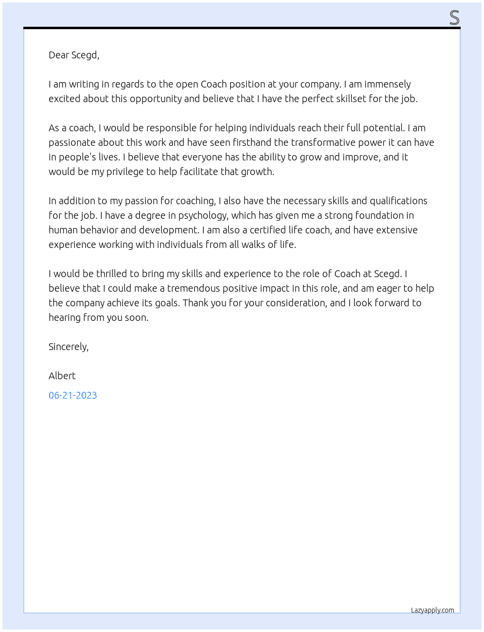 Coach At Scegd Cover Letter