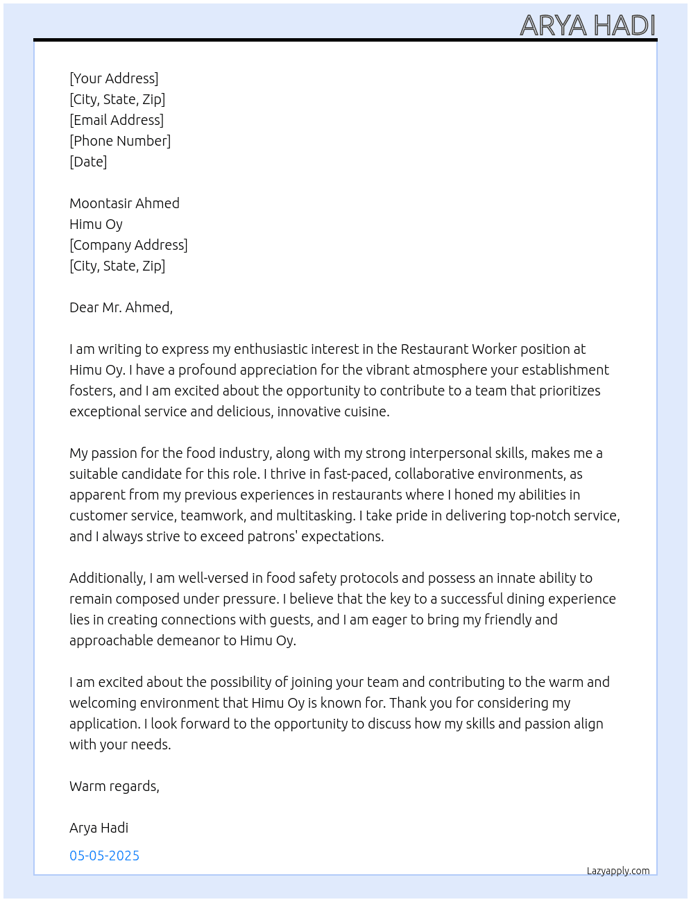 Restaurant Worker At Himu Oy Cover Letter