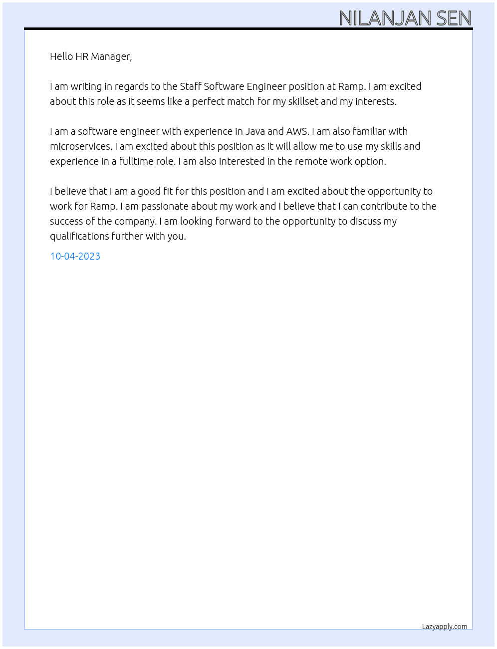 Staff Software Engineer At Ramp Cover Letter