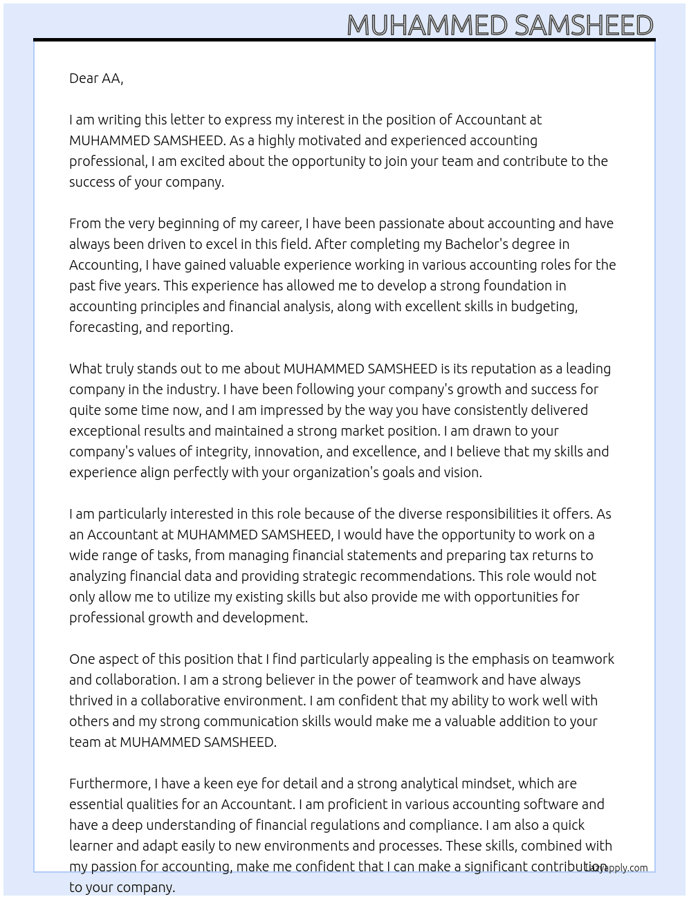ACCOUNTANT At MUHAMMED SAMSHEED Cover Letter