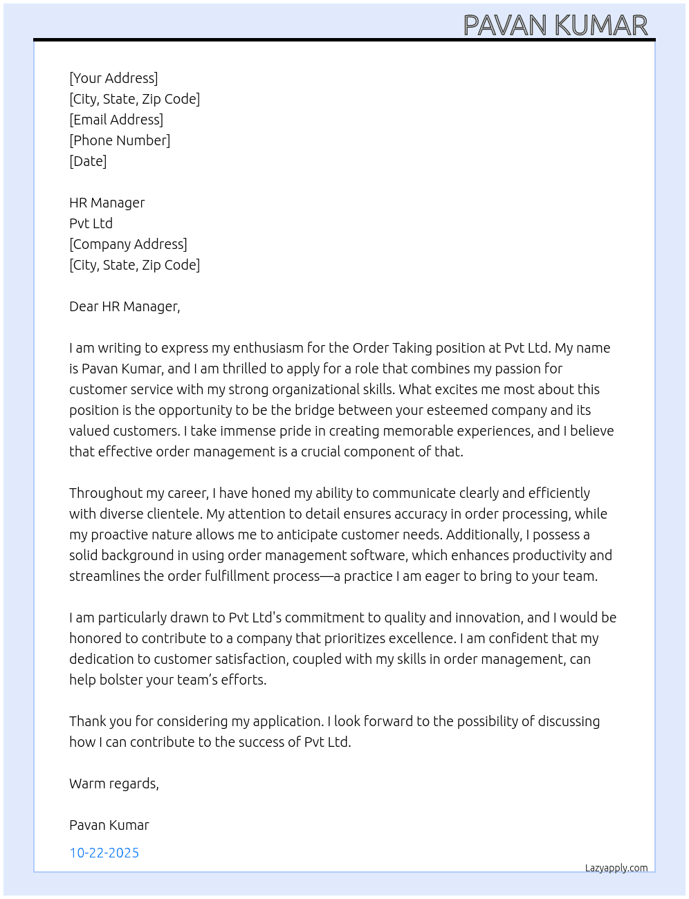 Order taking  At Pvt Ltd  Cover Letter
