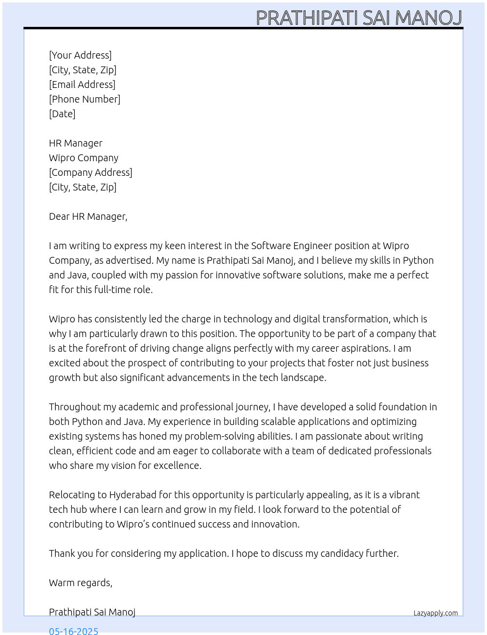 Software engineer  At Wipro Company  Cover Letter