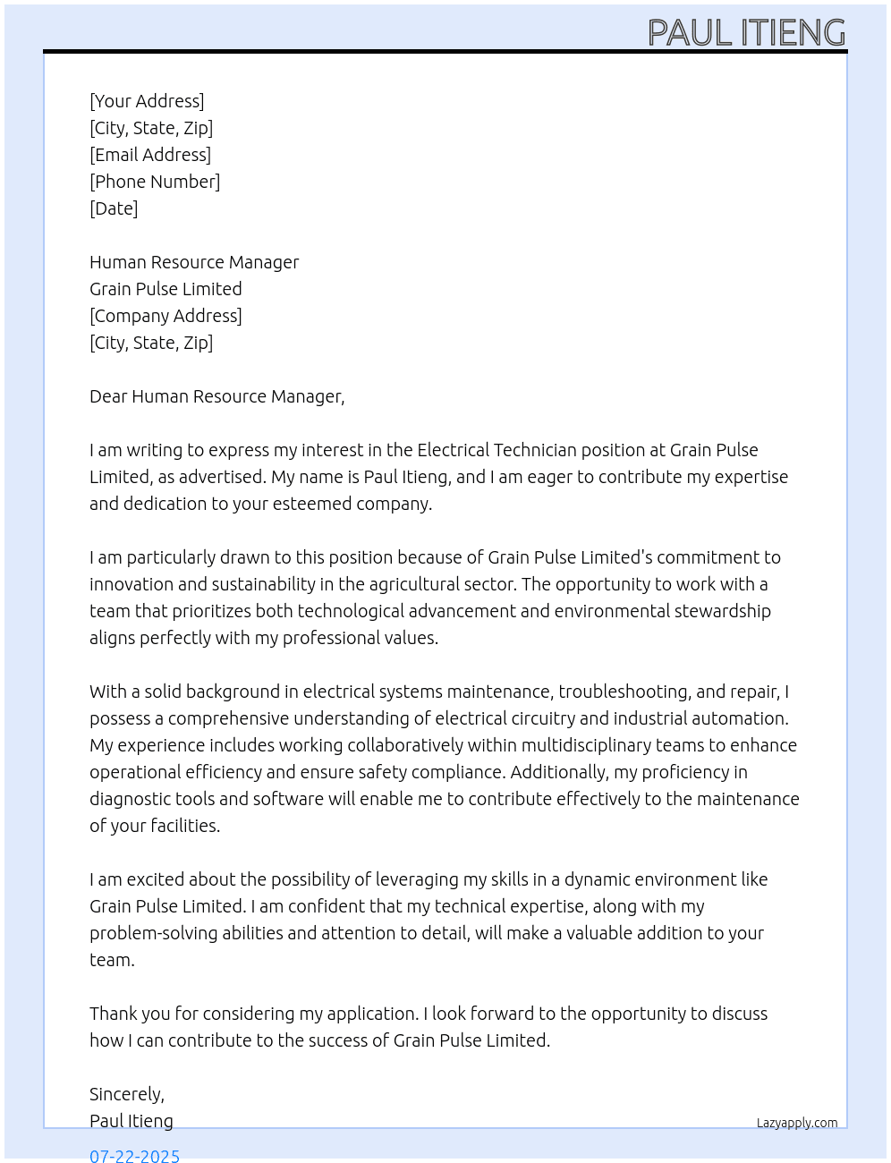 ELECTRICAL TECHNICIAN At Grain Pulse Limited  Cover Letter