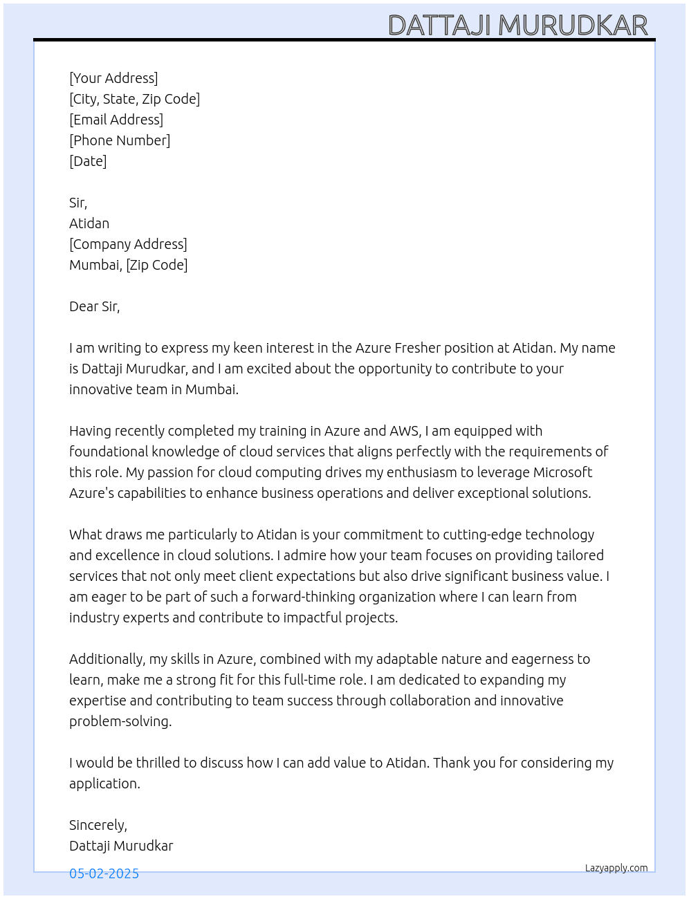 Azure fresher At Atidan Cover Letter