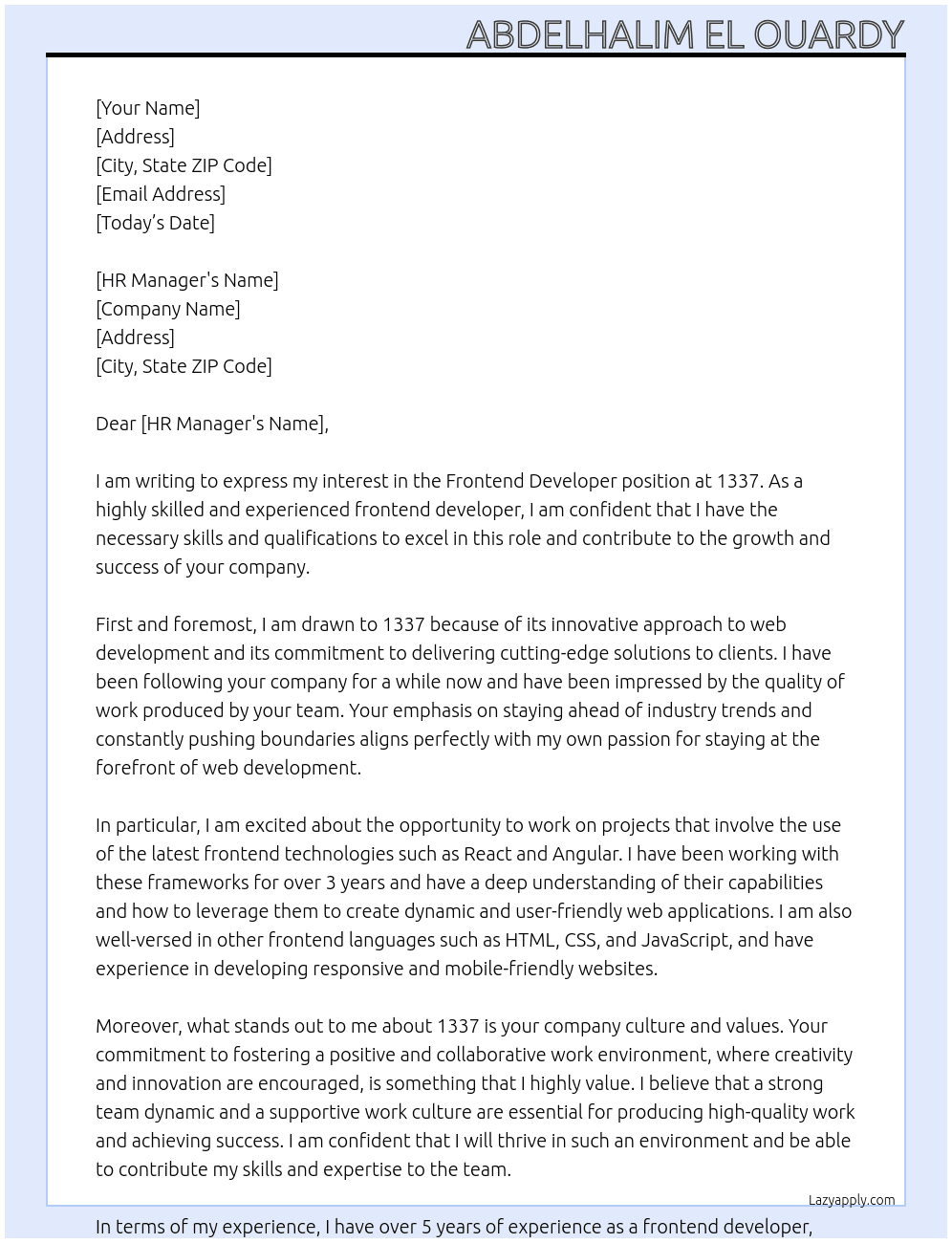 frontend developer At 1337 Cover Letter