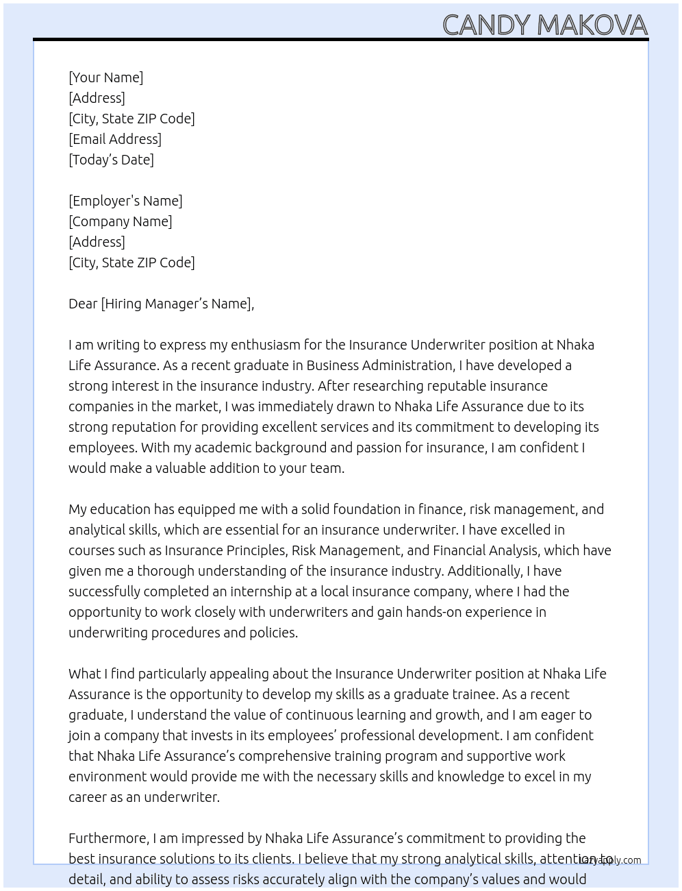 Cover letter for insurance underwritter - LazyApply