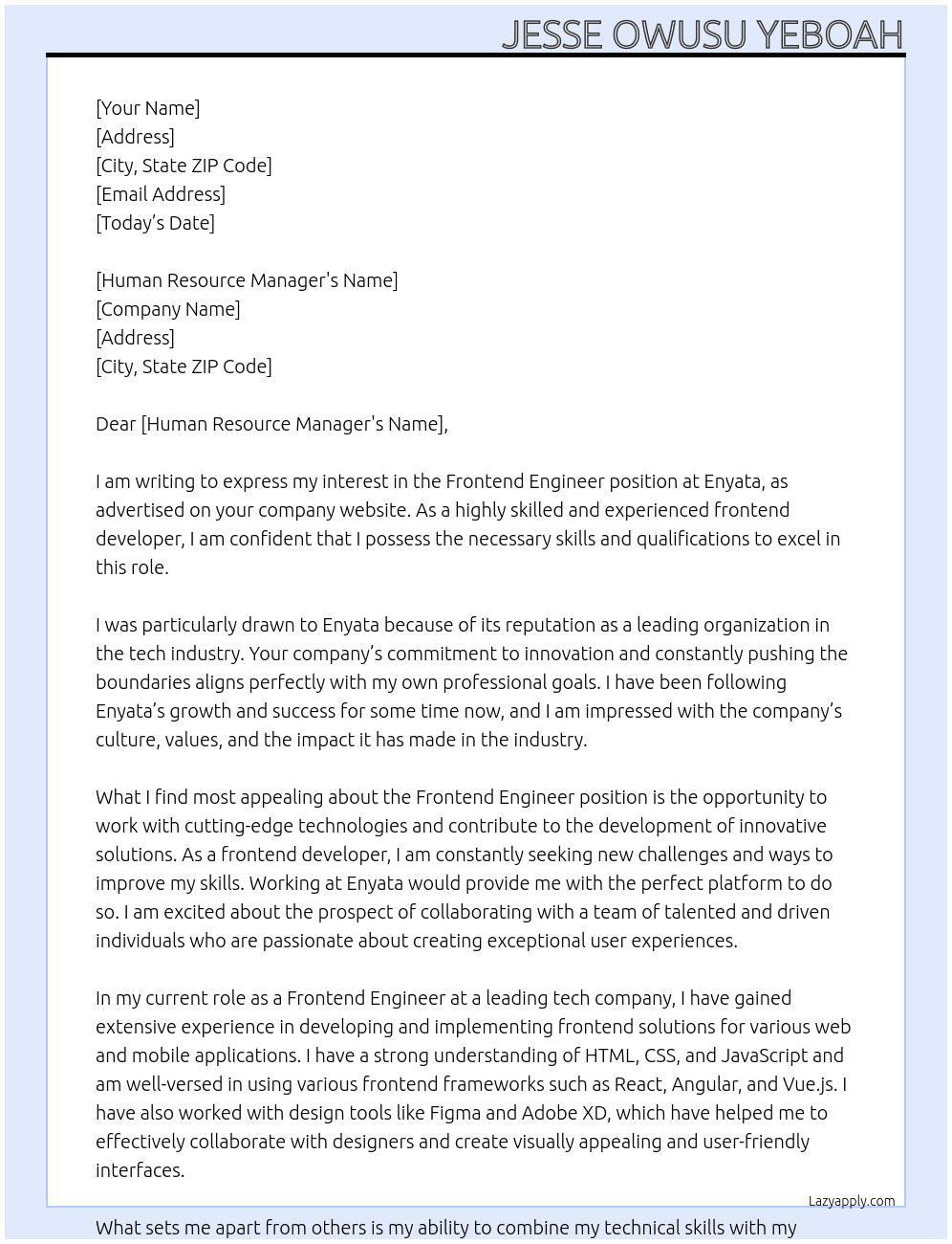 Frontend Engineer At Enyata Cover Letter