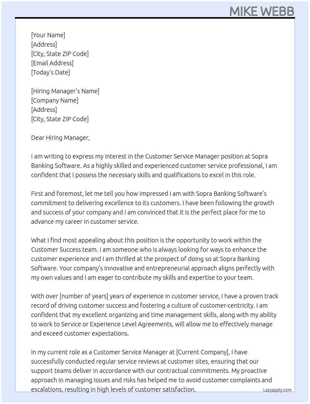 Customer Service Manager At Sopra Banking Software Cover Letter