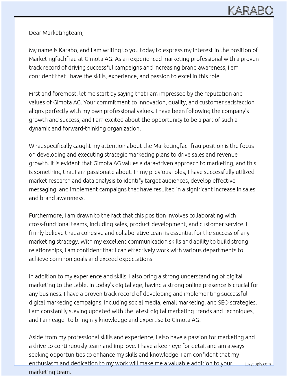 Marketingfachfrau At Gimota AG Cover Letter