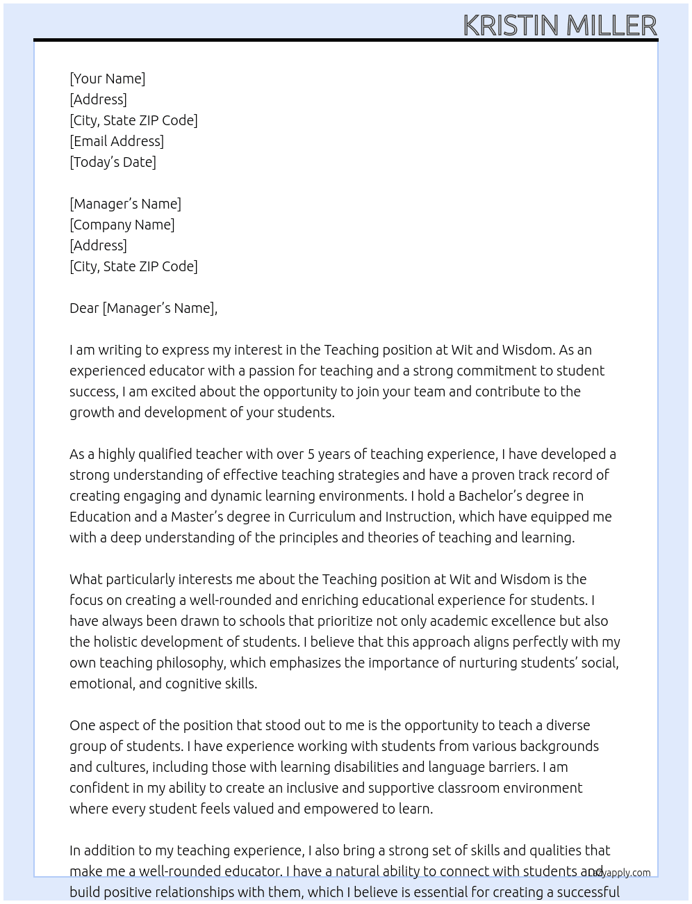 Teacher At Wit and Wisdom Cover Letter