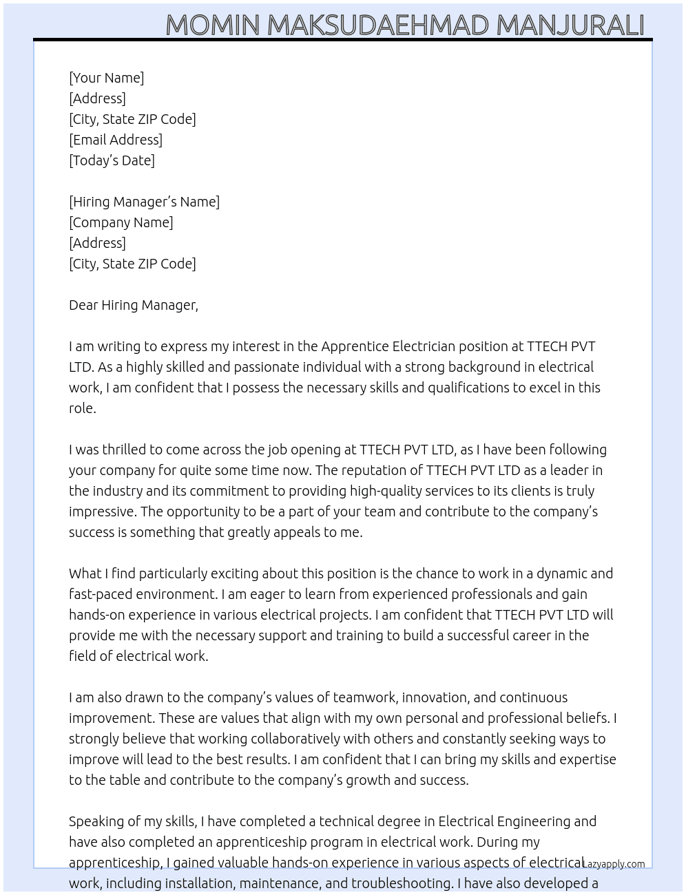Apprentice Electrician  At TTECH PVT LTD Cover Letter