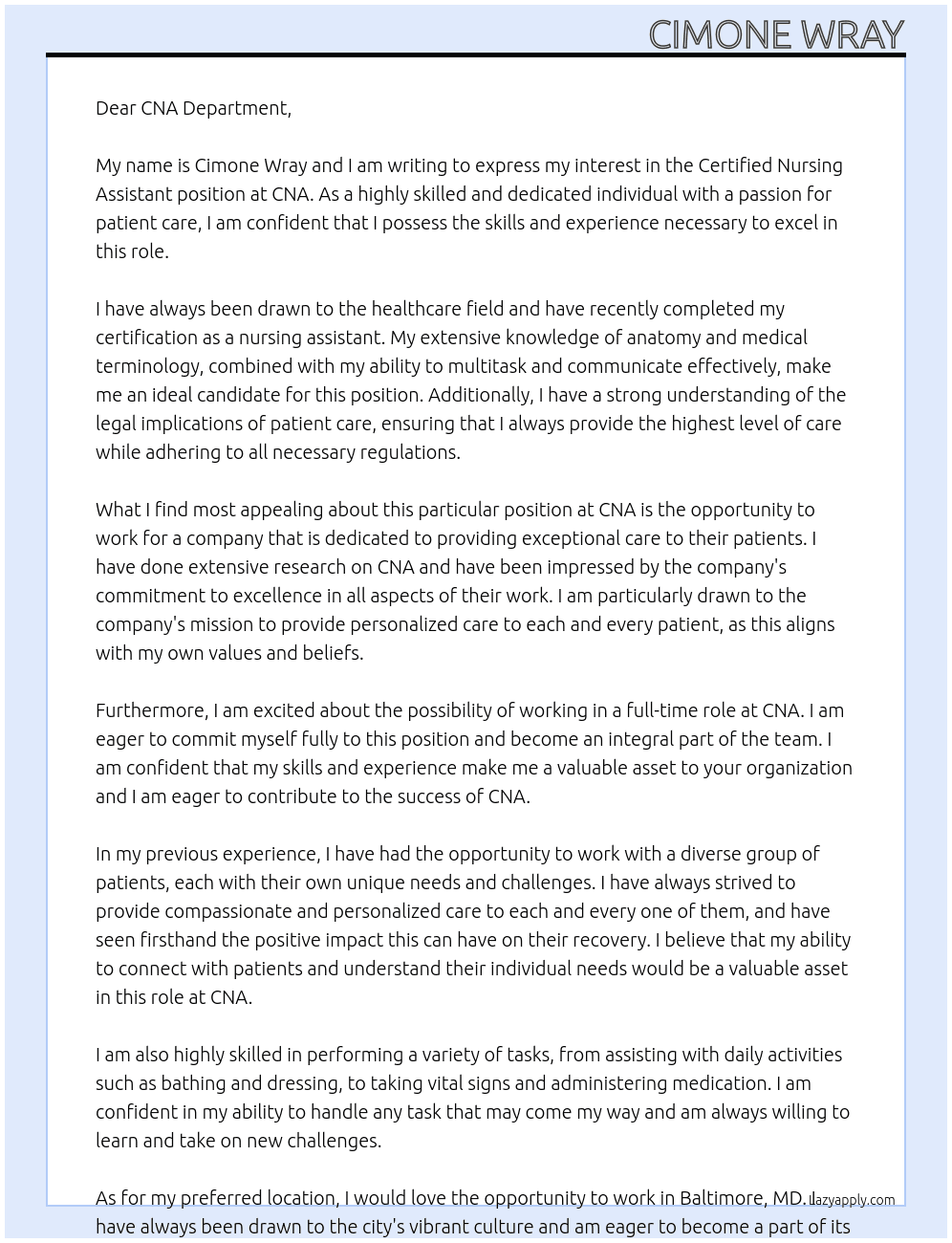 Certified nursing assistant At CNA Cover Letter