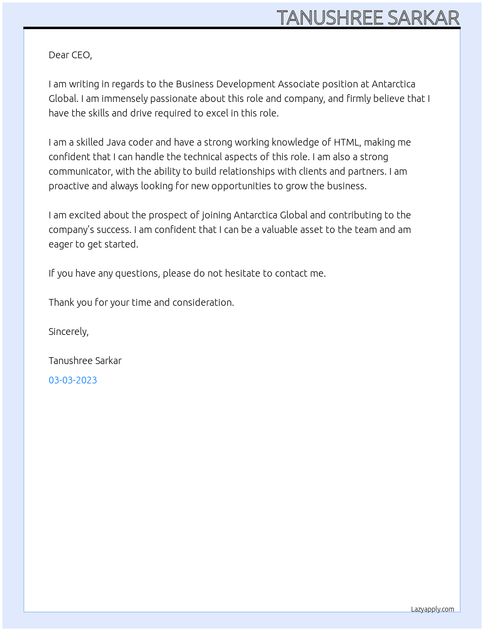 Business Development Associate At Antarctica Global Cover Letter