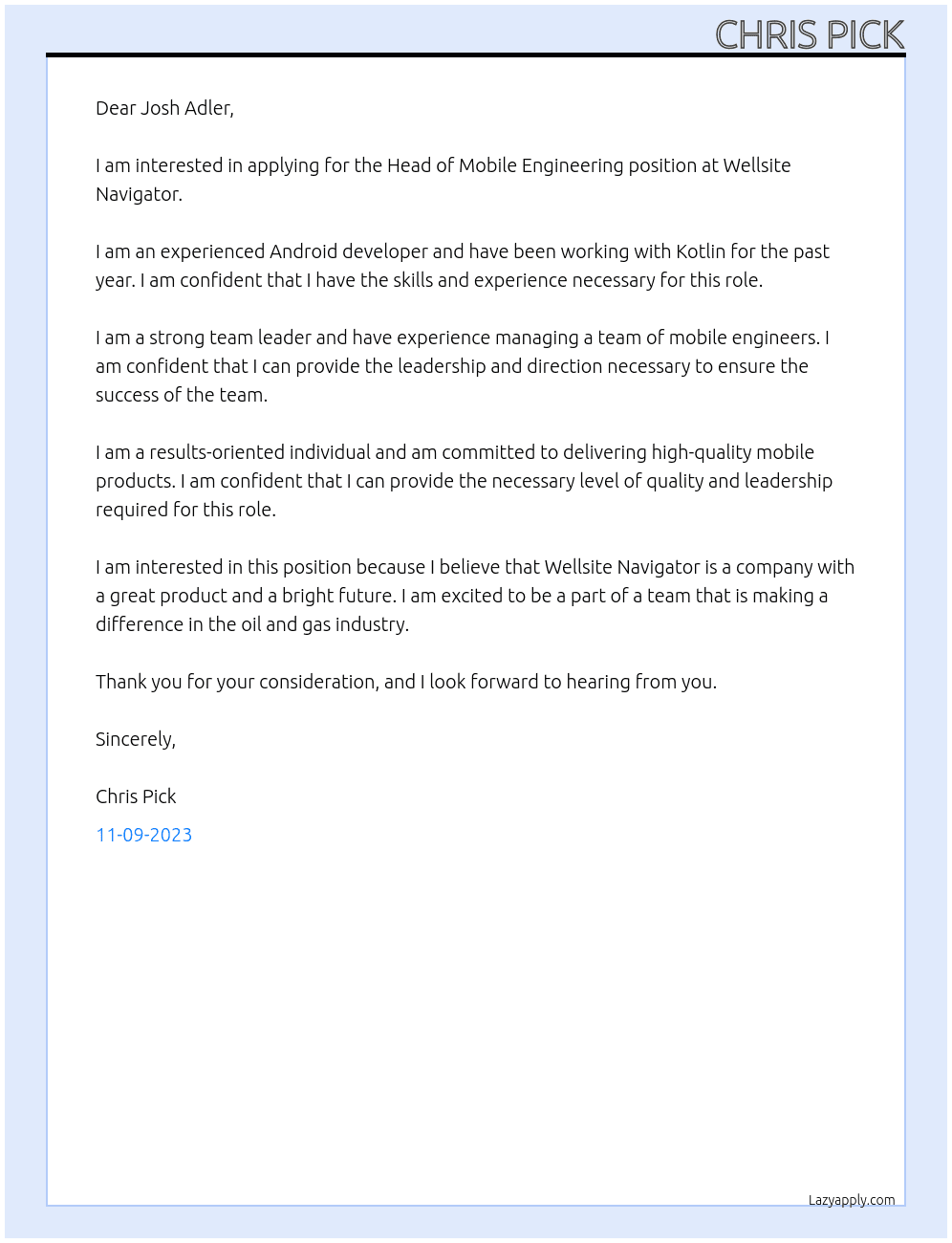 Head of Mobile Engineering At Wellsite Navigator Cover Letter