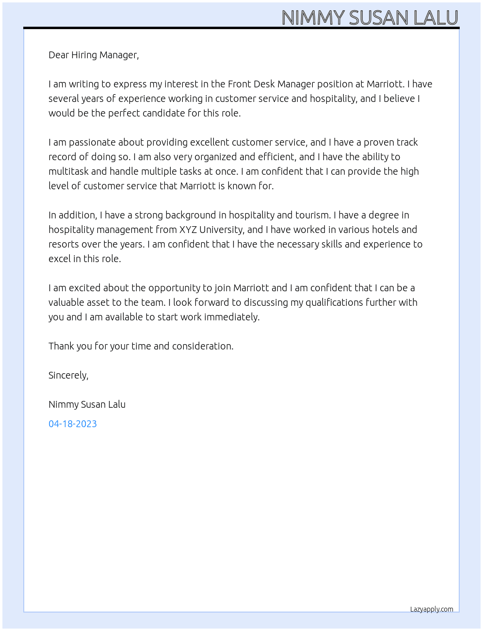 Front desk manager At Marriott Cover Letter
