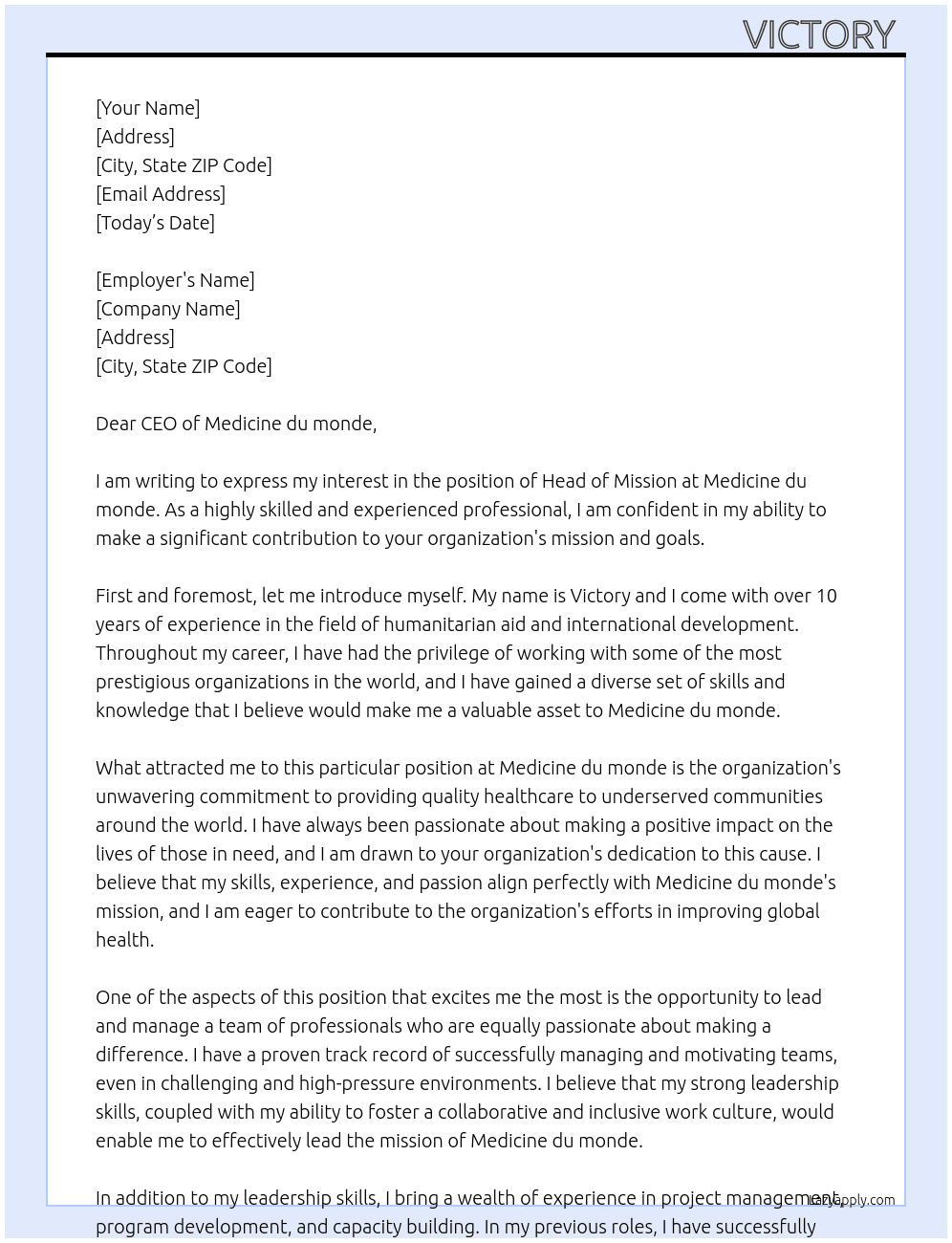 Head of mission At Medicine du monde Cover Letter