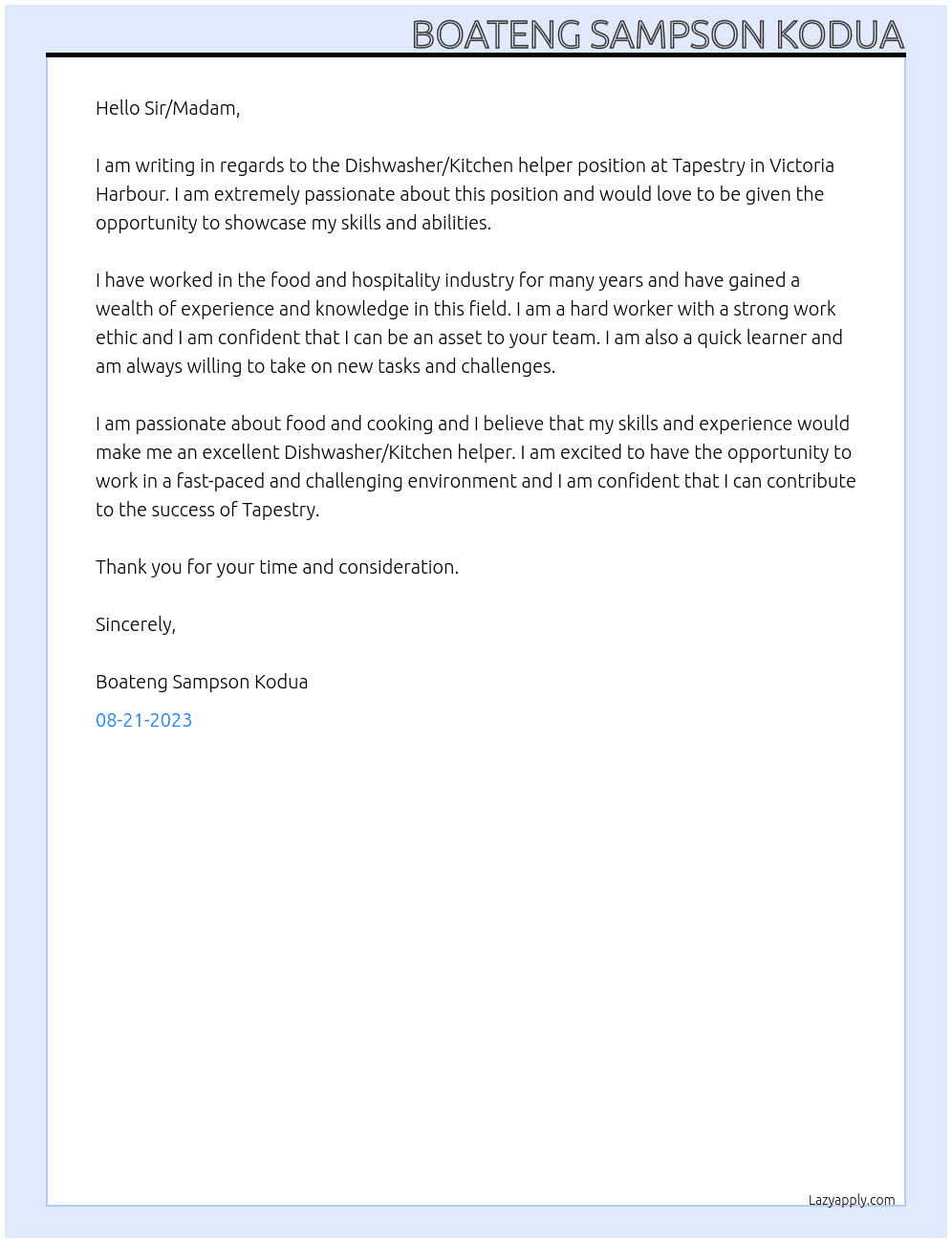 Dishwasher/Kitchen helper (Full time) At Tapestry, Victoria Harbour - Victoria, BC Cover Letter