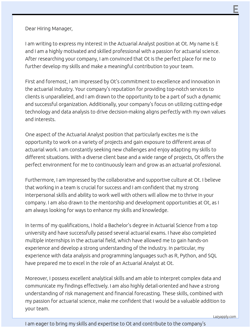 Actuarial Analyst At Ot Cover Letter