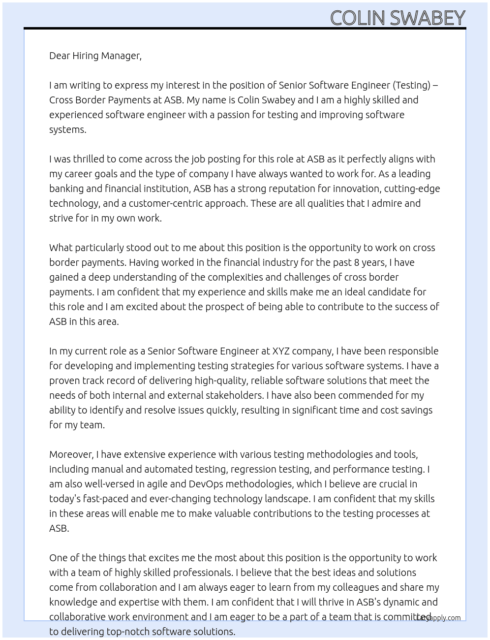 Senior Software Engineer (Testing) – Cross Border Payments At ASB Cover Letter
