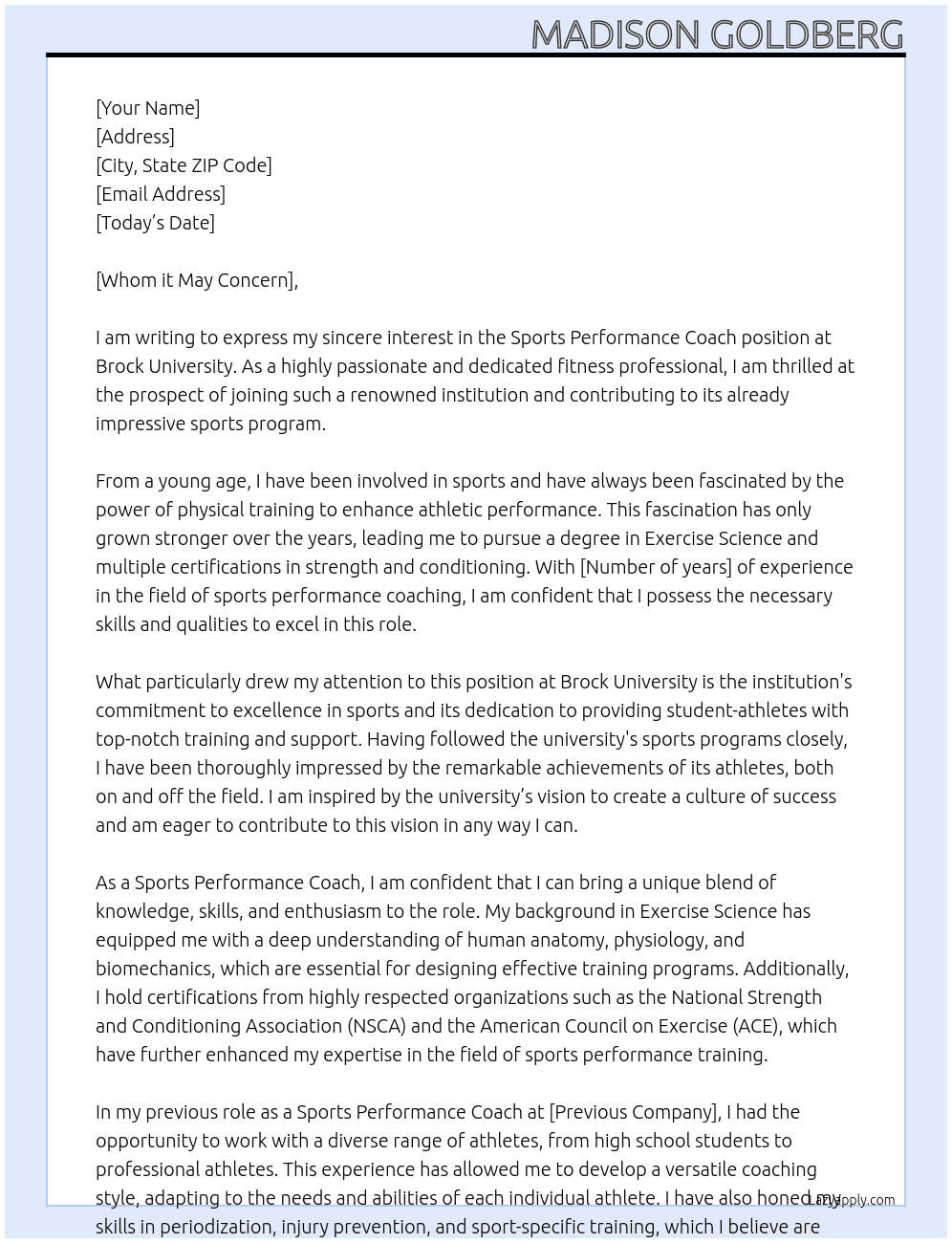 Sports Performance coach At Brock University Cover Letter