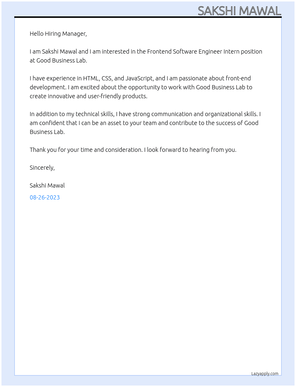 Frontend Software Engineer Intern At Good Business Lab Cover Letter