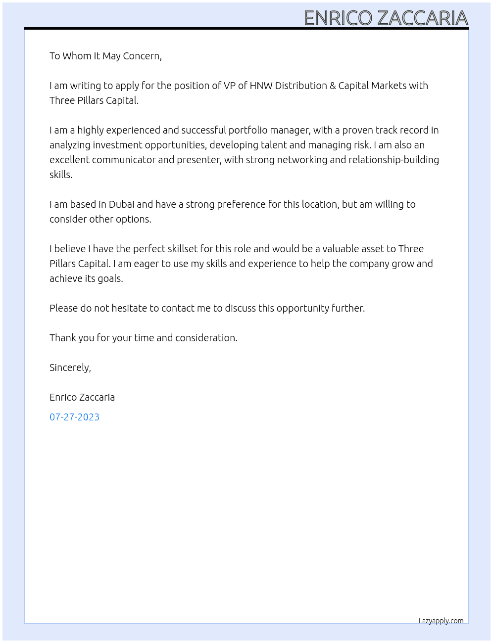 VP Of HNW Distribution & Capital Markets At Three Pillars Capital Cover Letter