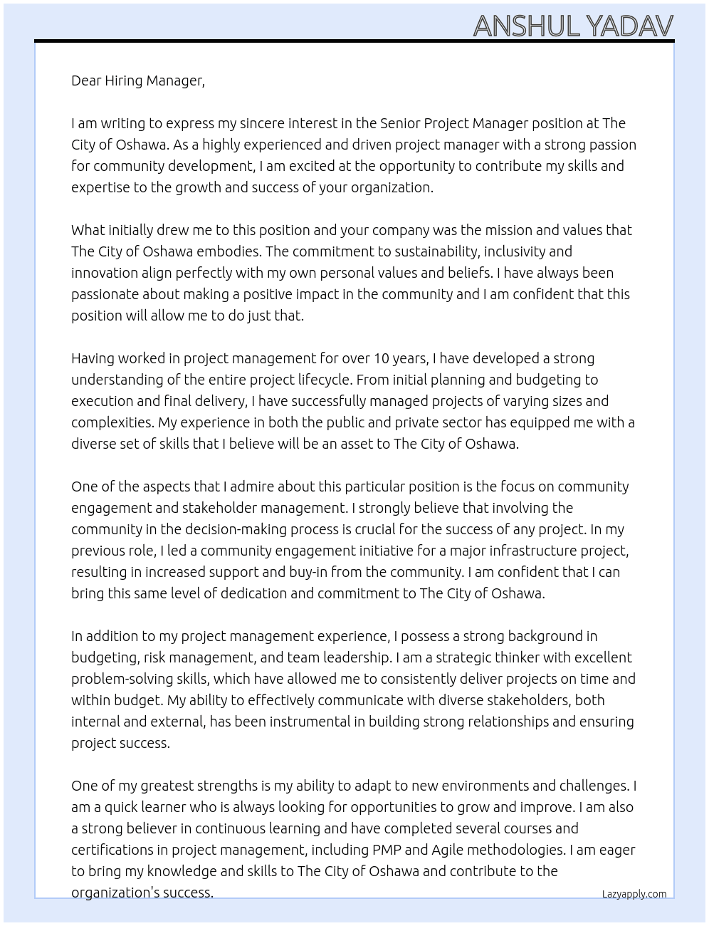 Senior Project Manager At The City of Oshawa Cover Letter
