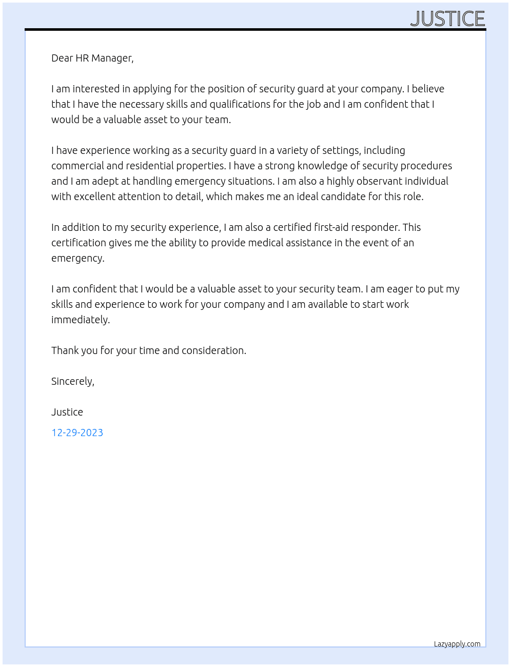 security guard At Reliable protection service company limited Cover Letter