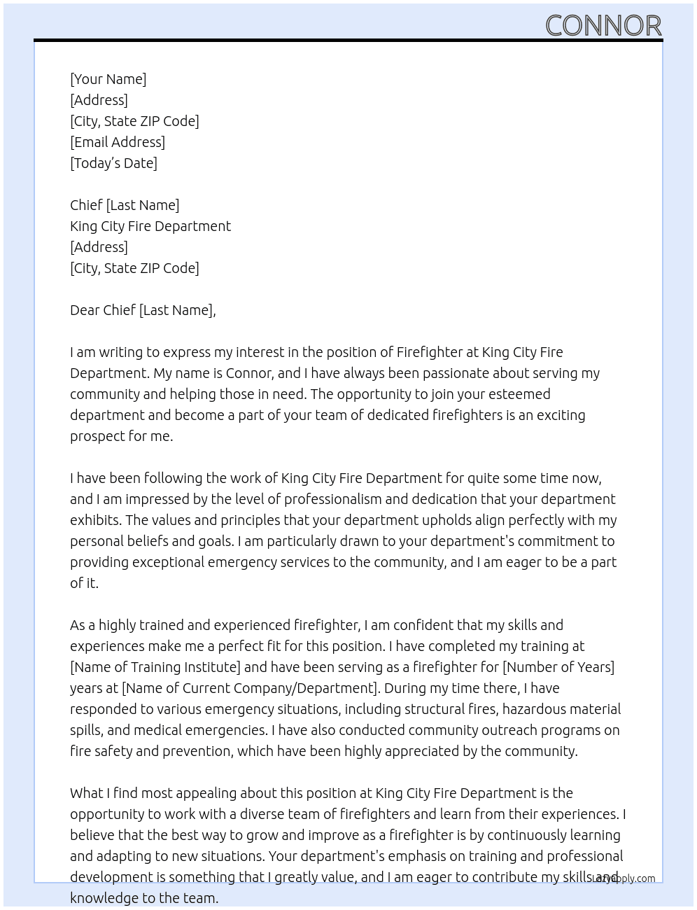 fire fighter At King City Fire dept Cover Letter