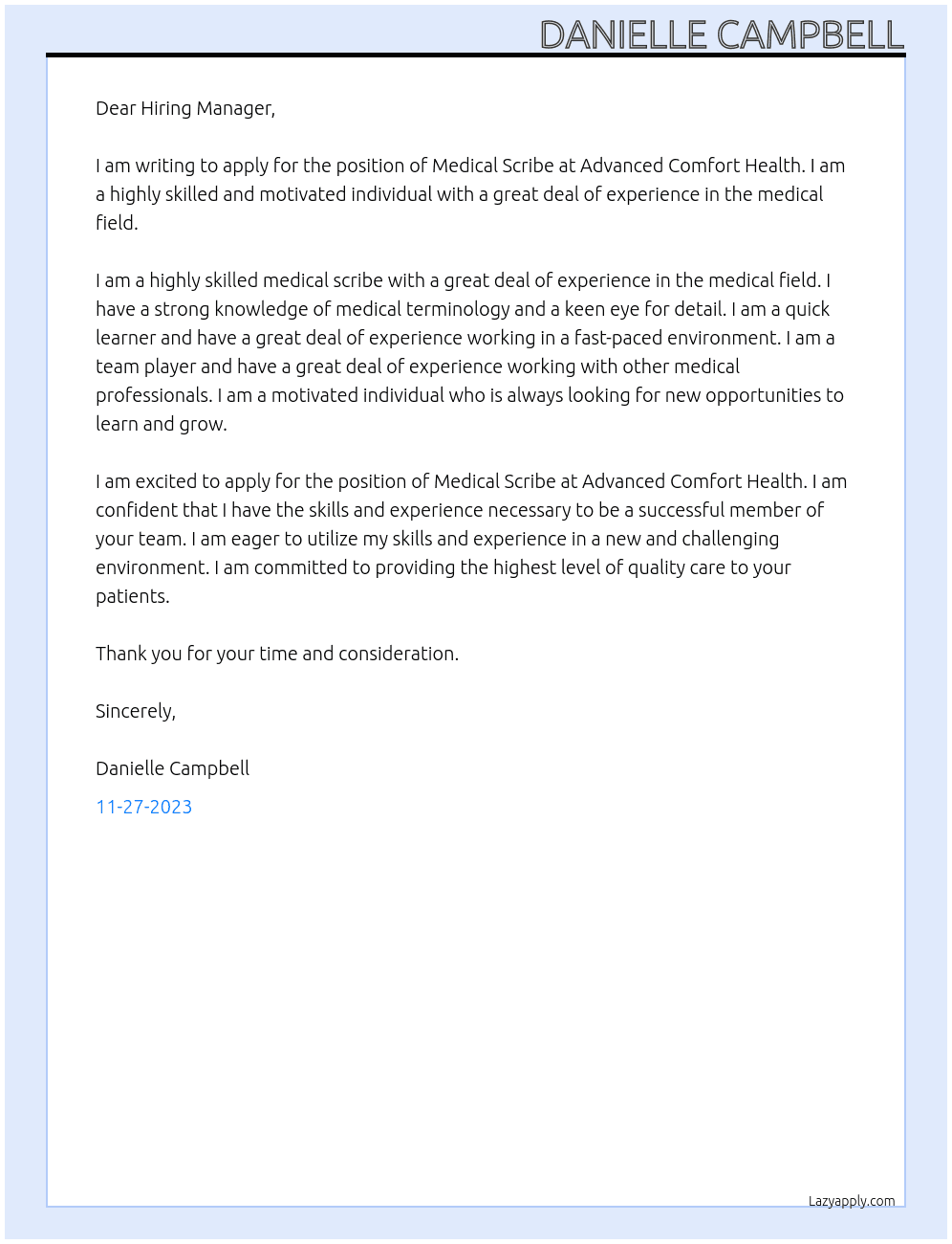 Medical Scribe At Advanced Comfort Health Cover Letter