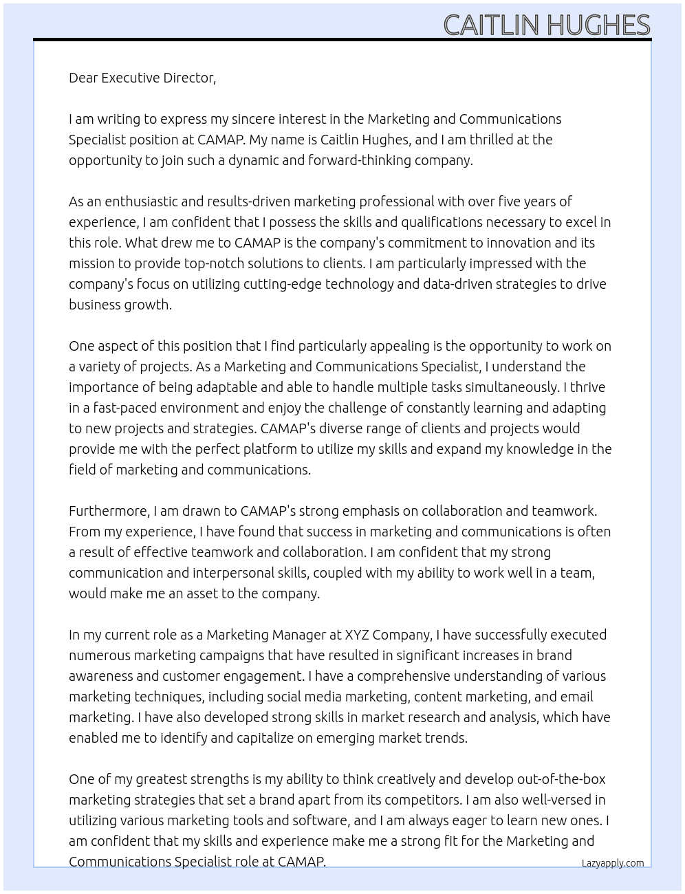 Marketing and Communications Specialist At CAMAP  Cover Letter