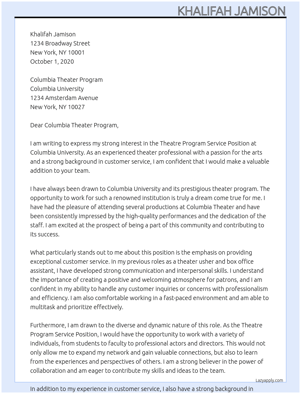 Theatre Program Service Position At Columbia UNiversity Cover Letter