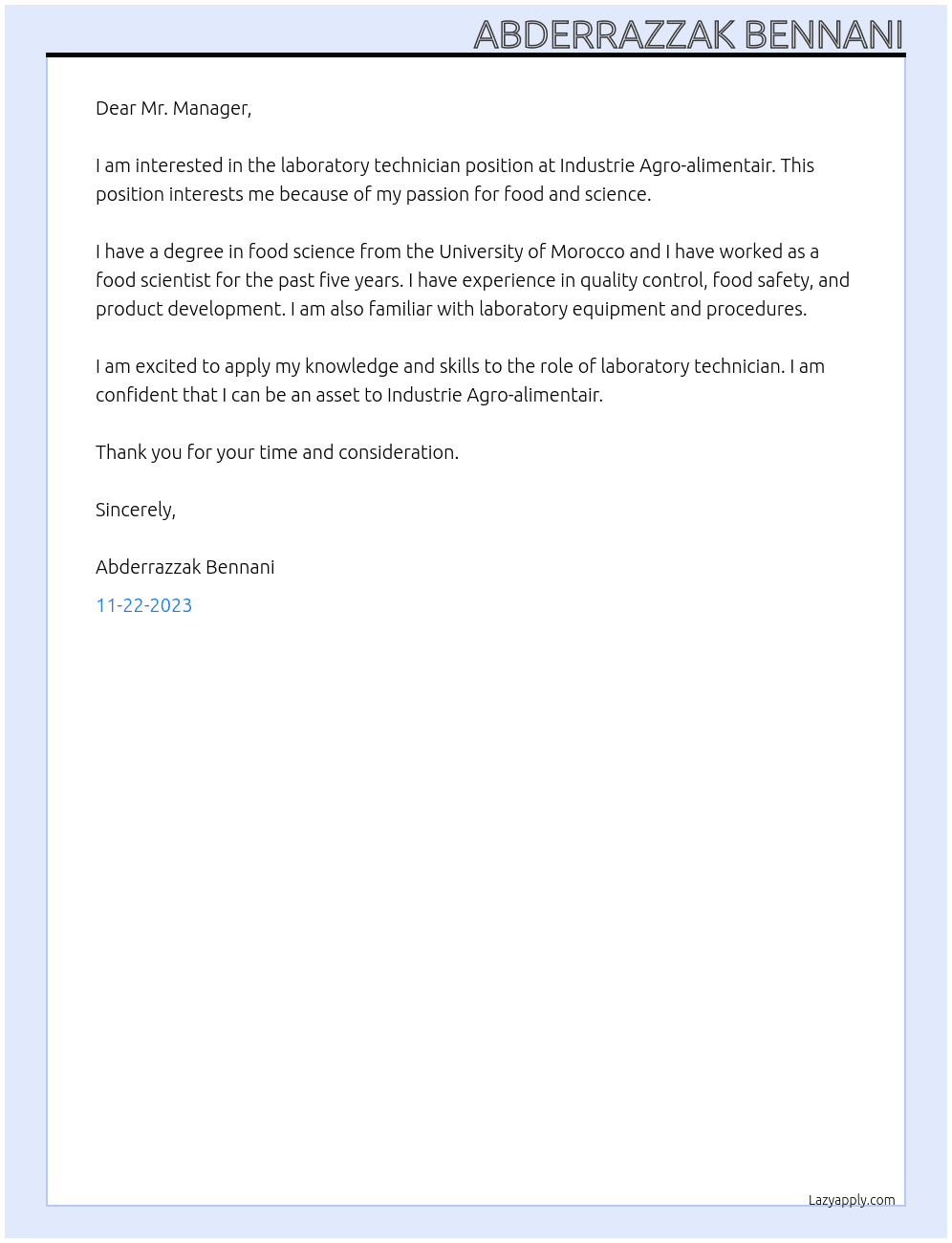laboratory technician At Industrie Agro-alimentair Cover Letter