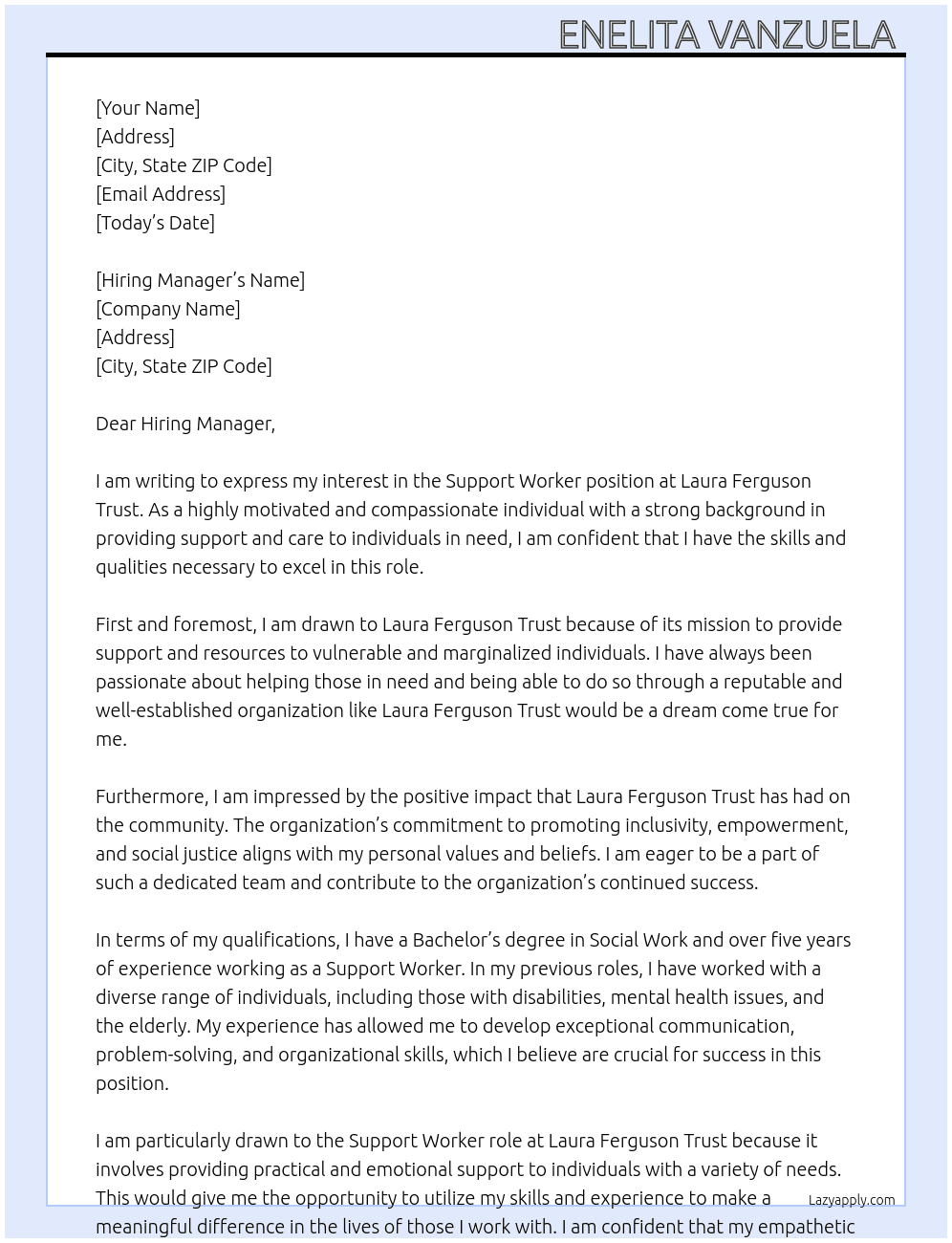 Support Worker At Laura Ferguson Trust  Cover Letter