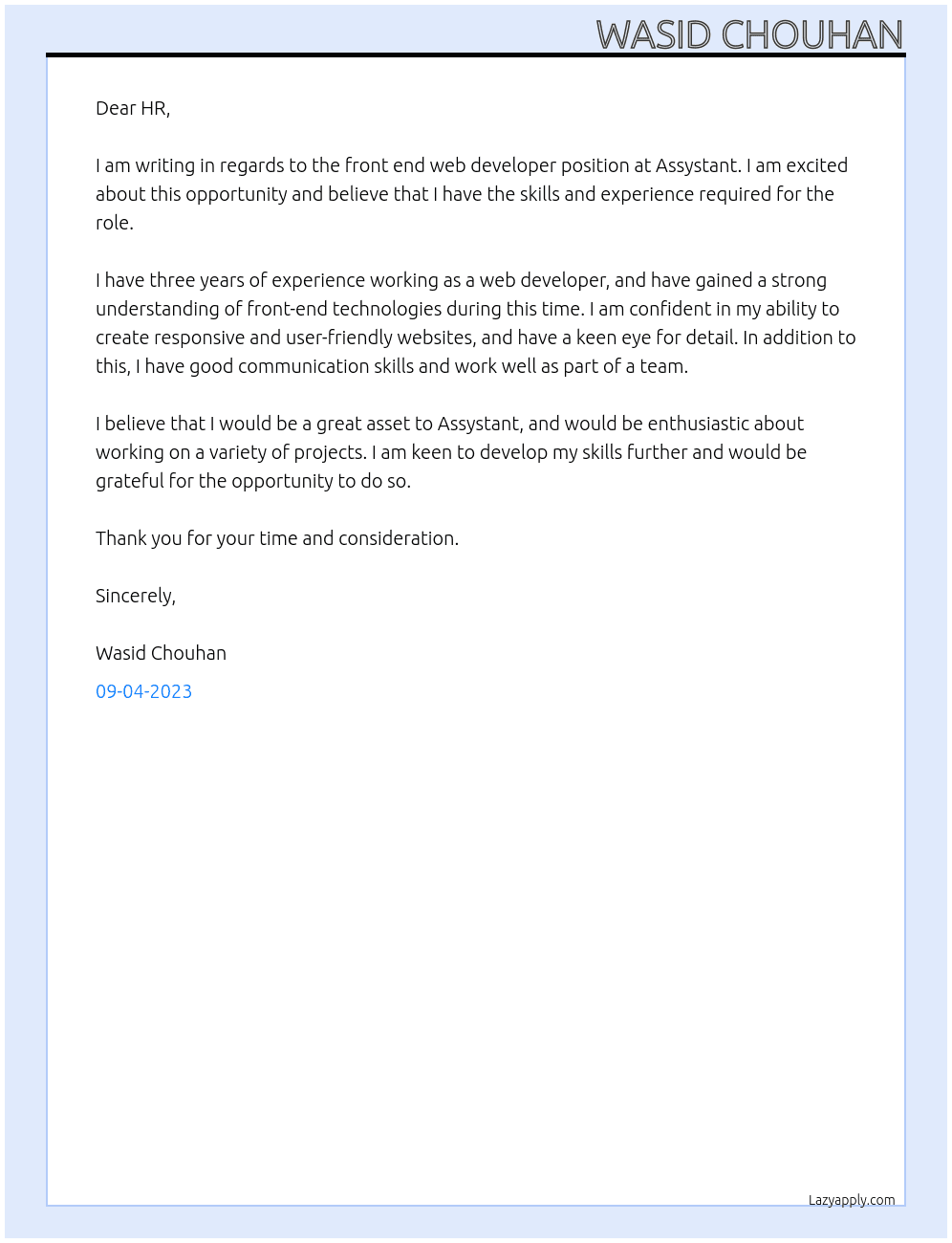 front end web developer At Assystant Cover Letter