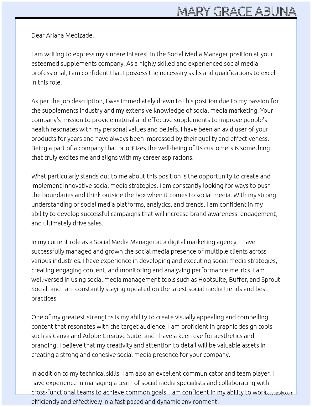 social media manager At supplements company Cover Letter