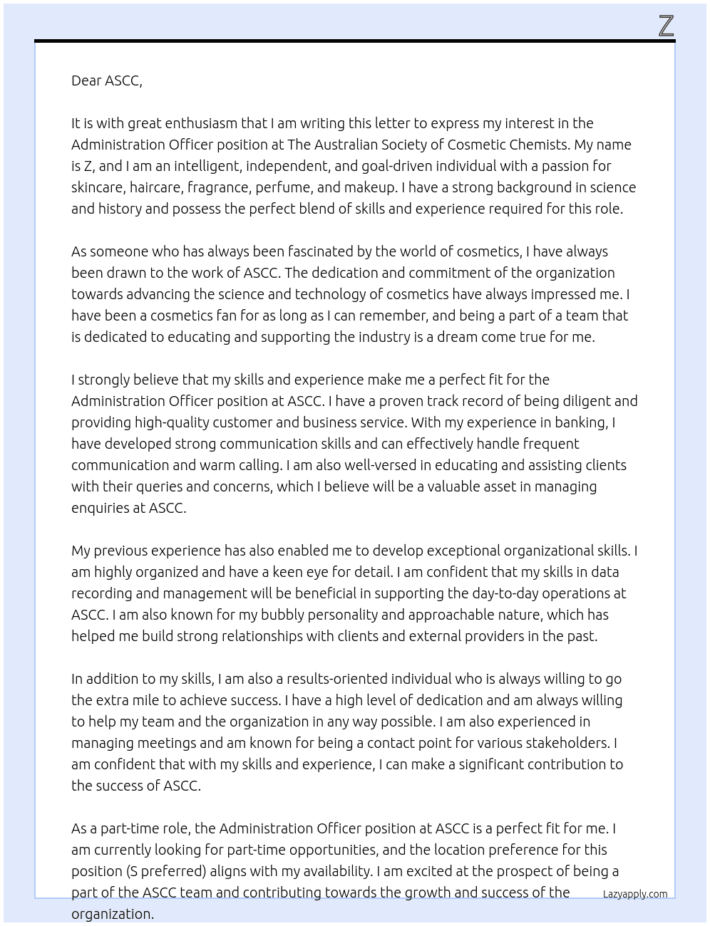 Administration Officer At The Australian Society of Cosmetic Chemists Cover Letter