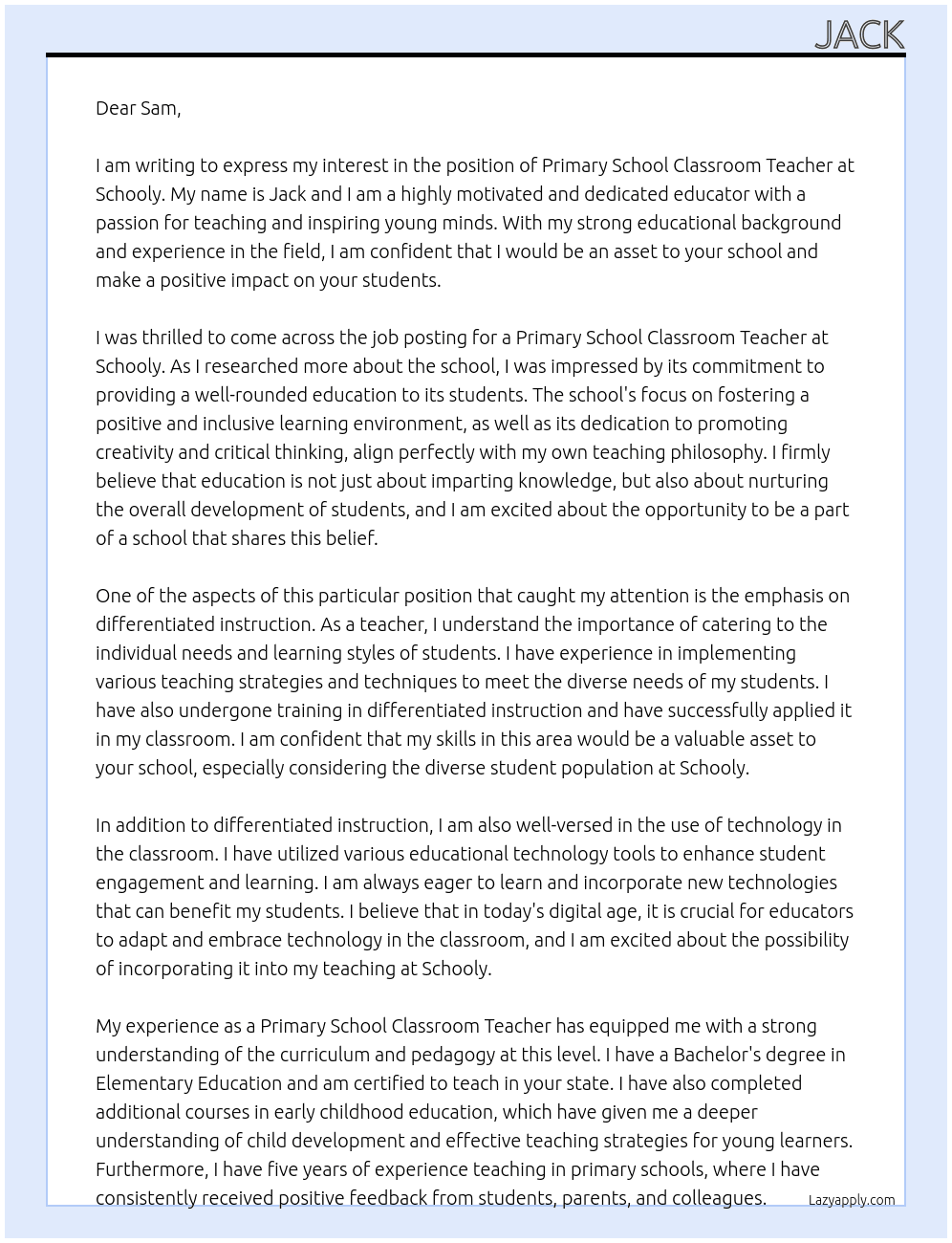 Primary School Classroom Teacher At schooly Cover Letter